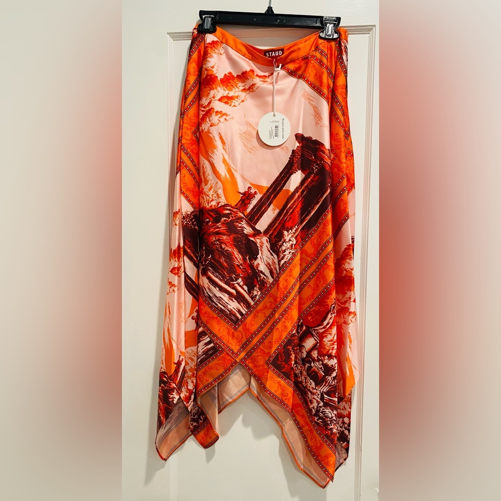 STAUD Orange and Brown Asymmetrical Maxi Skirt